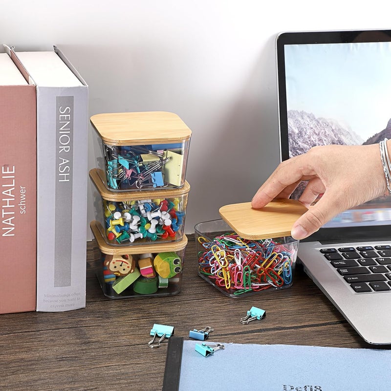 BTSKY 4 Pack Clear Stackable Paper Clip Holder with Bamboo Lid Paperclip Box Plastic Cute Office Supply Accessory Organizer Square Small Storage Holder Cute Qtip Holder for Office Bathroom Vanity - Image 5